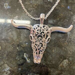 Silver Bull Skull Pendant Necklace & earrings